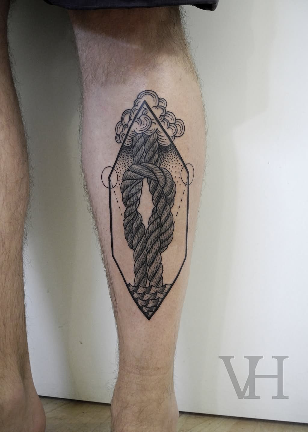 Black Ink Rope Knot Tattoo Design For Leg Calf