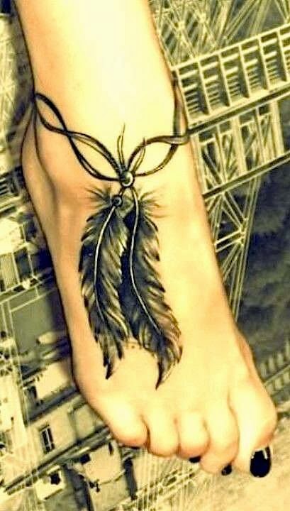 Black Ink Rosary Pigeon Feather Tattoo On Foot