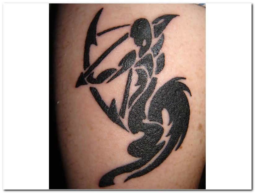 Black Ink Sagittarius Tattoo On Leg