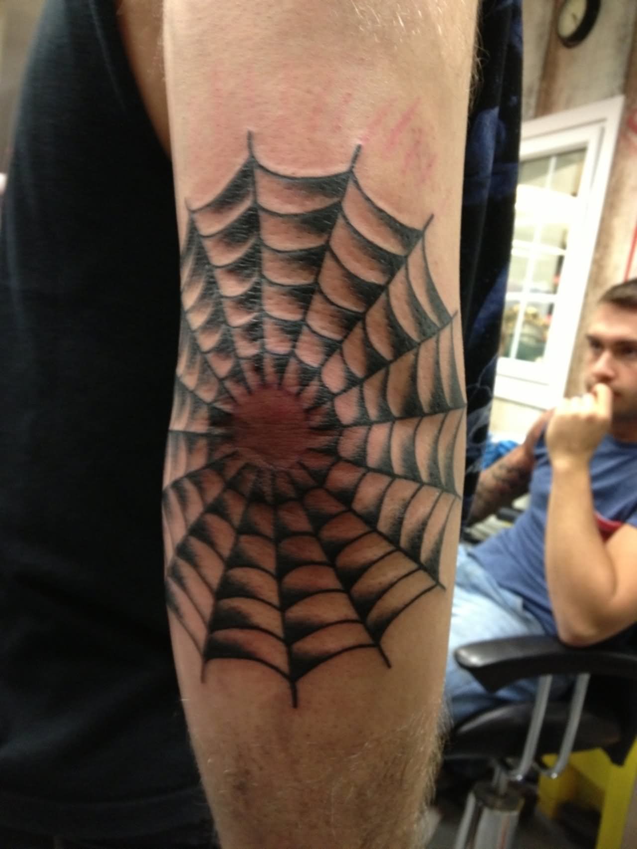 Black Ink Spider Web Tattoo Design For Elbow
