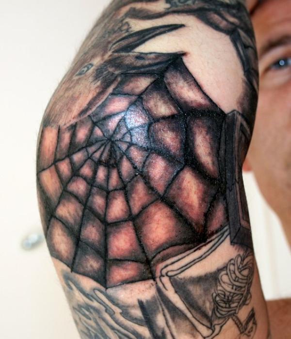 Black Ink Spider Web Tattoo On Man Right Elbow