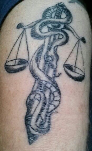 Black Ink Sword Justice Scale With Snake Tattoo Design