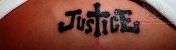 Black Justice Word With Cross Tattoo Design