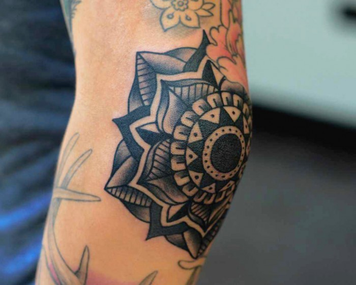 Black Mandala Flower Tattoo On Elbow