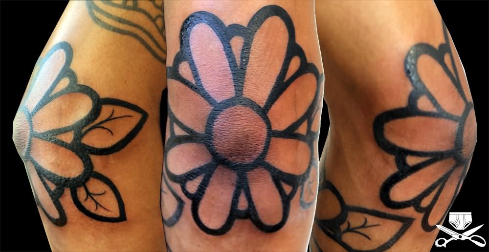 Black Outline Daisy Flower Tattoo Design For Elbow