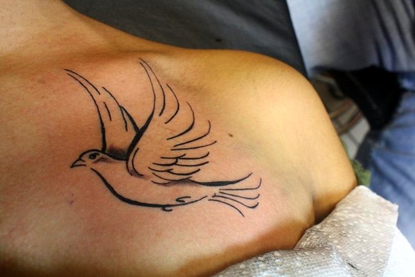 Black Outline Flying Pigeon Tattoo Design For Front Shoulder