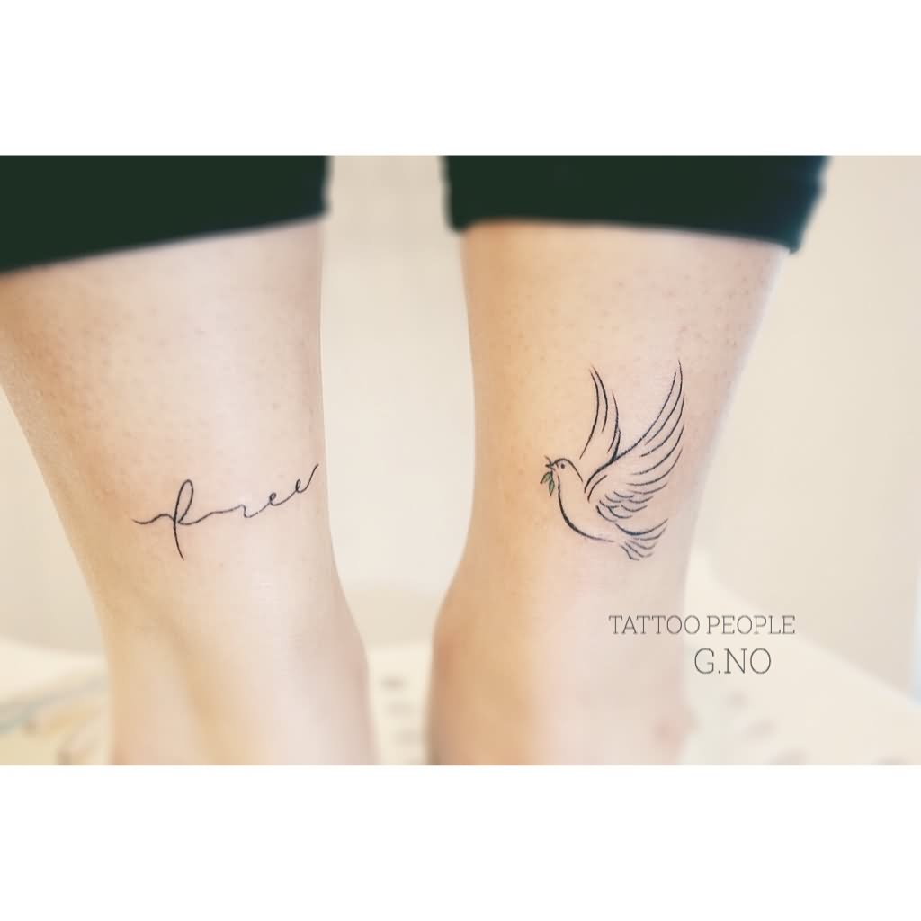 Black Outline Flying Pigeon Tattoo Design For Leg