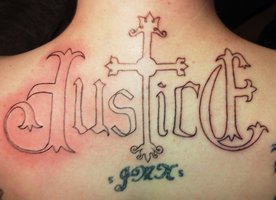 Black Outline Justice Word With Cross Tattoo On Upper Back