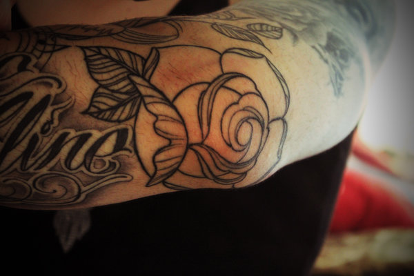 Black Outline Rose Tattoo Design For Elbow By Bryant