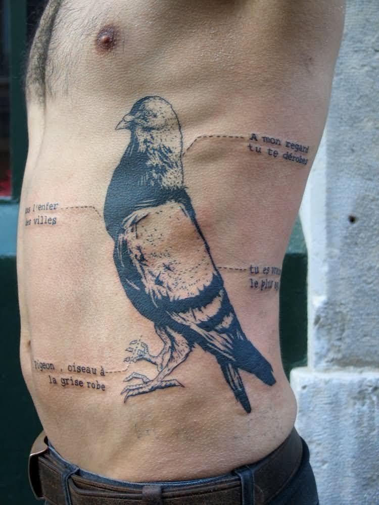 Black Pigeon Tattoo On Man Side Rib