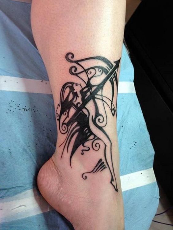 Black Sagittarius Tattoo On Leg