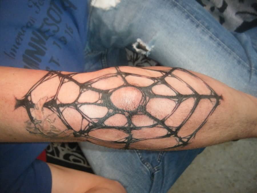 Black Spider Web Tattoo Design For Elbow