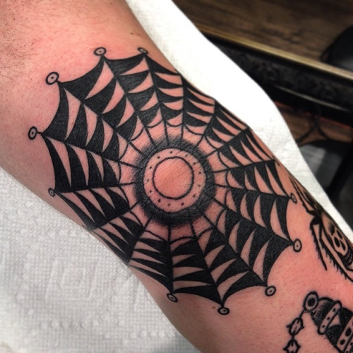 Black Traditional Spider Web Tattoo Design For Elbow