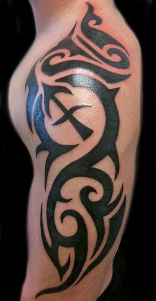 Black Tribal Sagittarius Tattoo On Left Half Sleeve