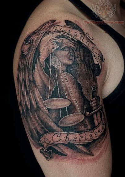 Blind Justice Angel With Banner Tattoo On Right Half Sleeve