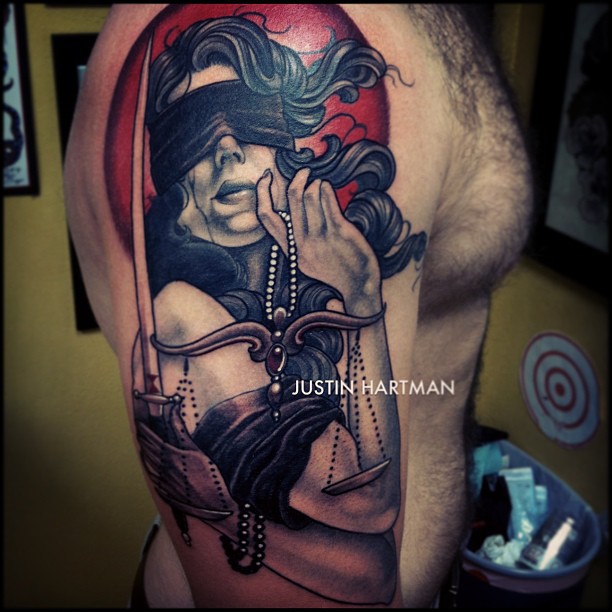 Blind Justice Girl Tattoo On Man Right Half Sleeve