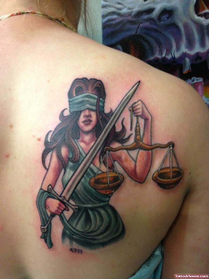 Blind Justice Girl Tattoo On Right Back Shoulder