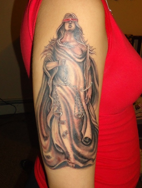Blind Justice Lady Tattoo On Girl Right Half Sleeve