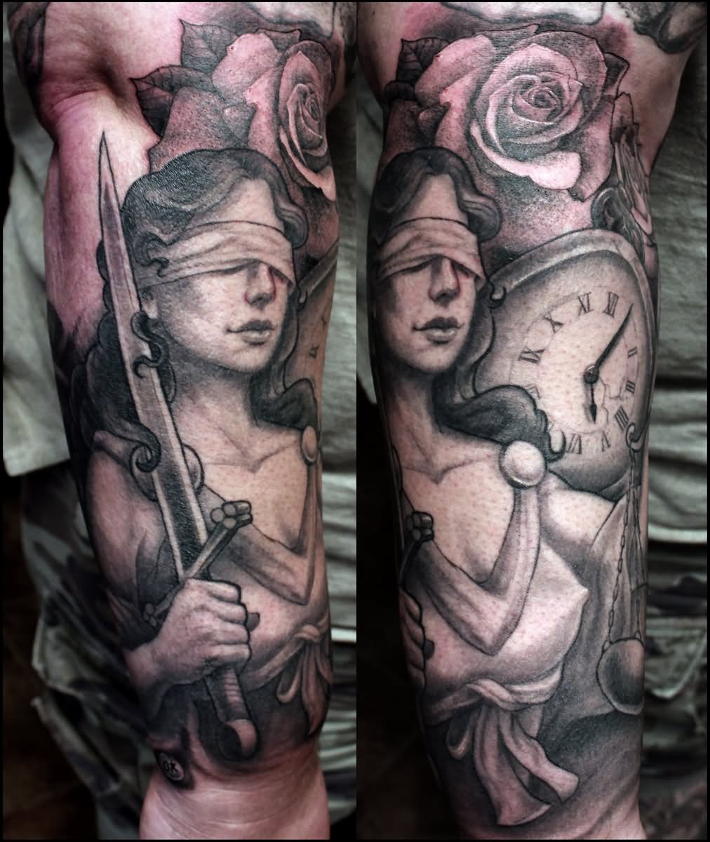 Blind Lady Justice With Pocket Watch And Rose Tattoo Design For Sleeve