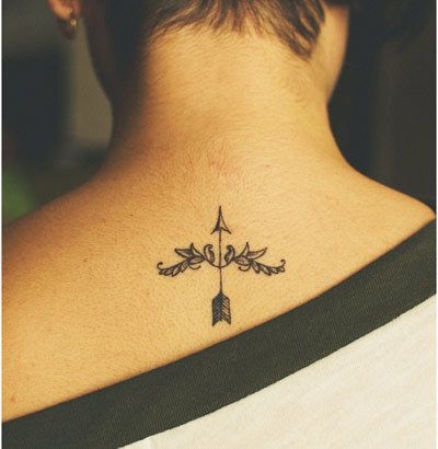 Bow And Arrow Sagittarius Tattoo On Upper Back