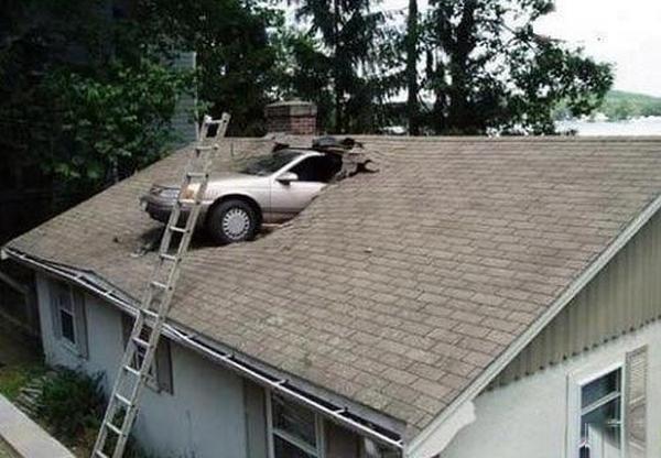 Car Accident With On Home Roof Funny Picture