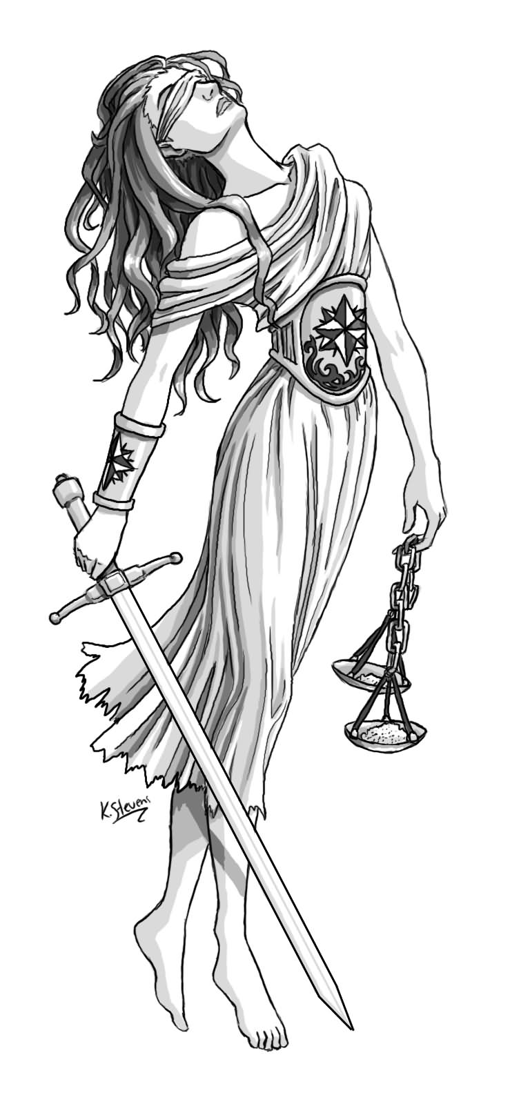 Classic Black And Grey Lady Justice Tattoo Design