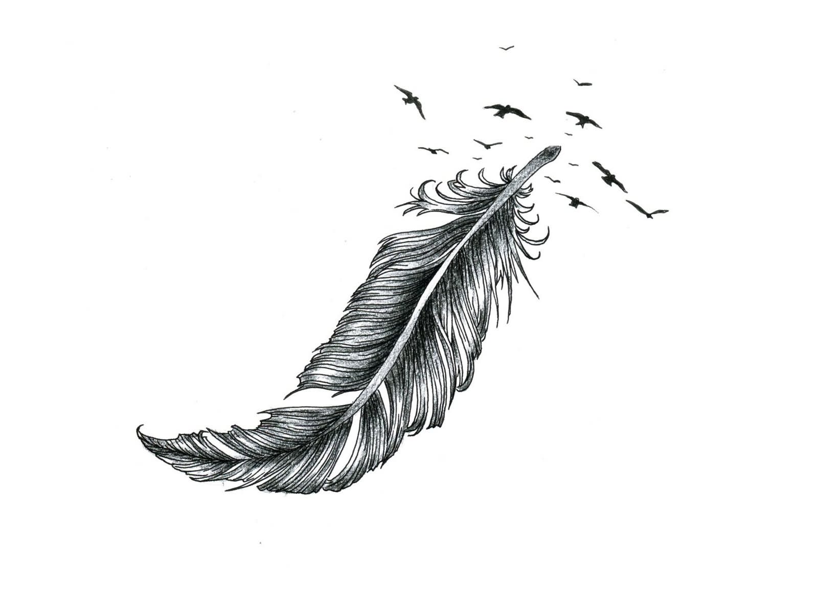Classic Black Feather With Flying Pigeons Tattoo Design