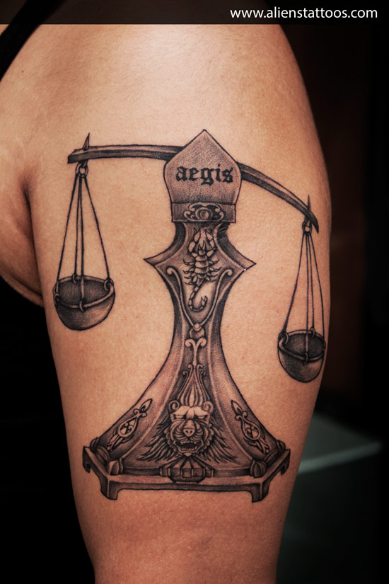 Classic Black Ink Justice Scale Tattoo On Half Sleeve
