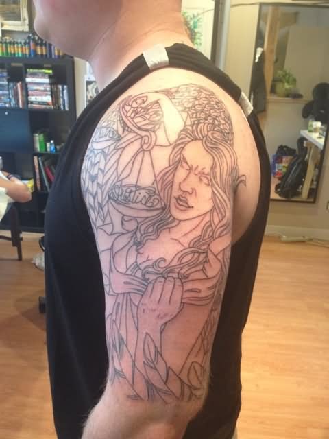 Classic Lady Justice Tattoo On Man Left Half Sleeve