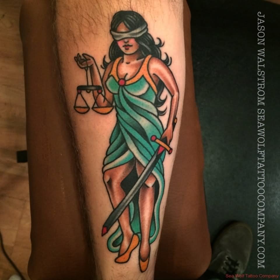 Color Ink Lady Justice With Sword Tattoo