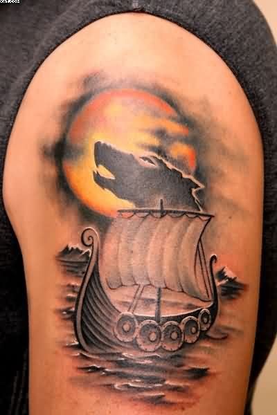 Colored Viking Ship Tattoo On Left Shoulder