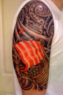 Colored Viking Ship Tattoo On Right Half Sleeve