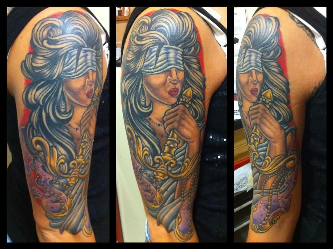 Colorful Blind Lady Justice Tattoo On Right Half Sleeve