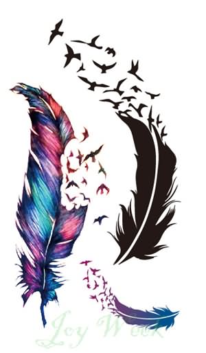 Colorful Feather With Flying Pigeons Tattoo Design