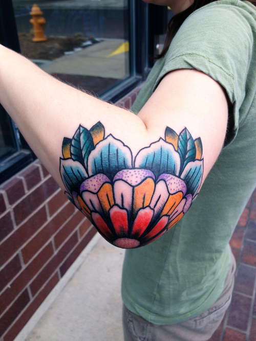Colorful Flower Tattoo On Girl Left Elbow By KC Lange