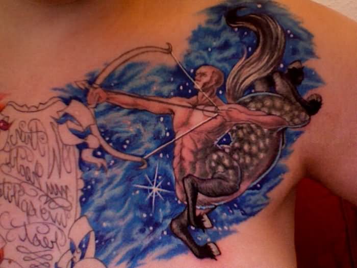 Colorful Sagittarius Tattoo On Front Shoulder