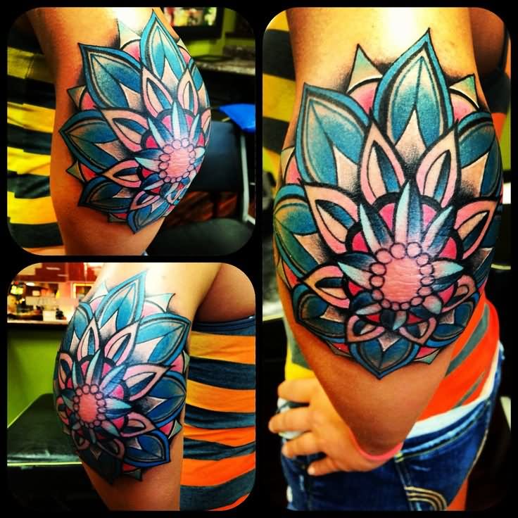 Colorful Traditional Flower Tattoo Design For Elbow