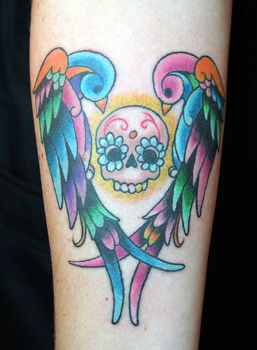 Colorful Two Bird With Sugar Skull Tattoo Design For Elbow