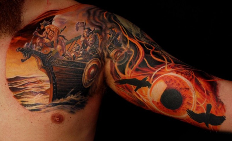 Colorful Viking Ship Tattoo On Chest And Half Sleeve