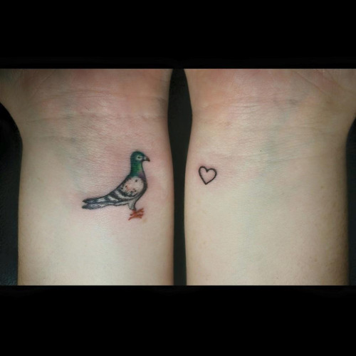 Cute Little Pigeon And Heart Tattoo On Both Wrist By Rachelle Carroll