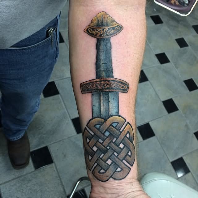 Dagger And Knot Viking Tattoo On Forearm