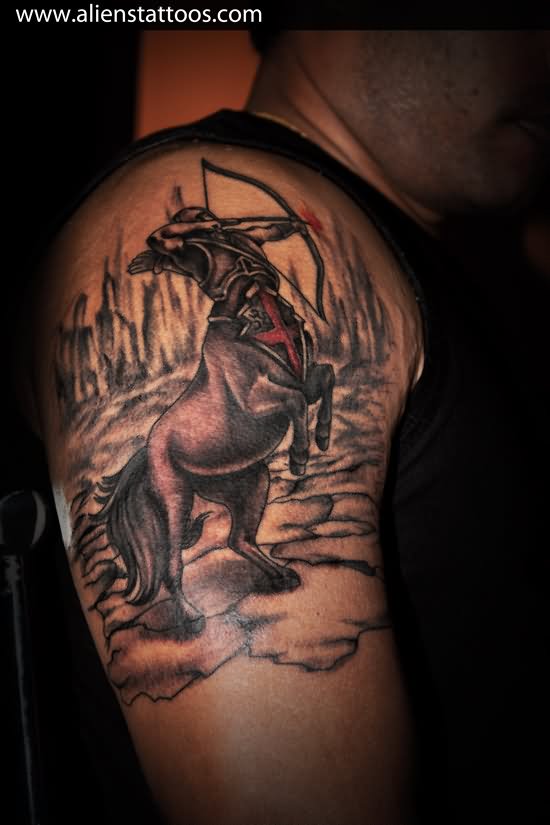 Dark Ink Sagittarius Tattoo On Man Right Shoulder