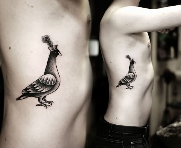 Dotwork Crown On Pigeon Head Tattoo On Man Side Rib