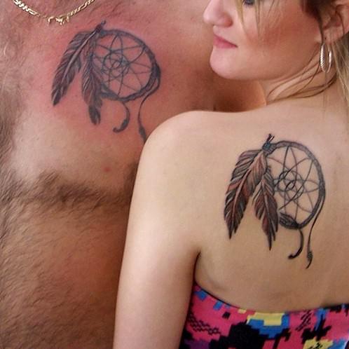 Dreamcatcher With Pigeon Feather Tattoo On Girl Left Back Shoulder