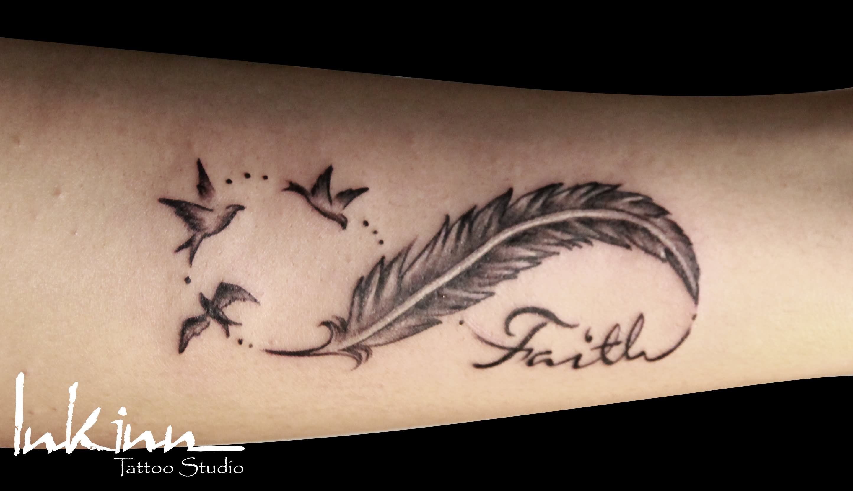Faith - Pigeon Feather With Flying Pigeons Tattoo Design For Forearm
