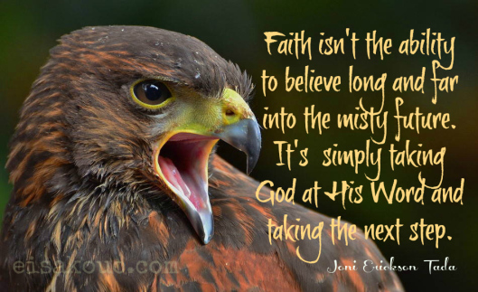 Faith isn't the ability to believe long and far into the misty future. It's simply taking God at His Word and taking the next step. - Joni Erickson Tada