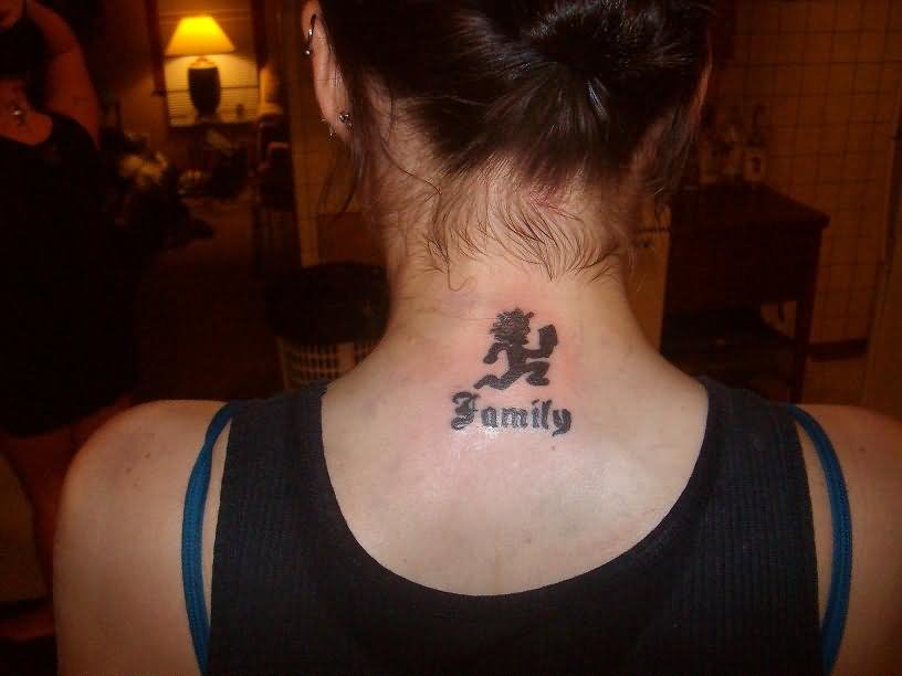 Family - Black Hatchetman Tattoo On Girl Back Neck