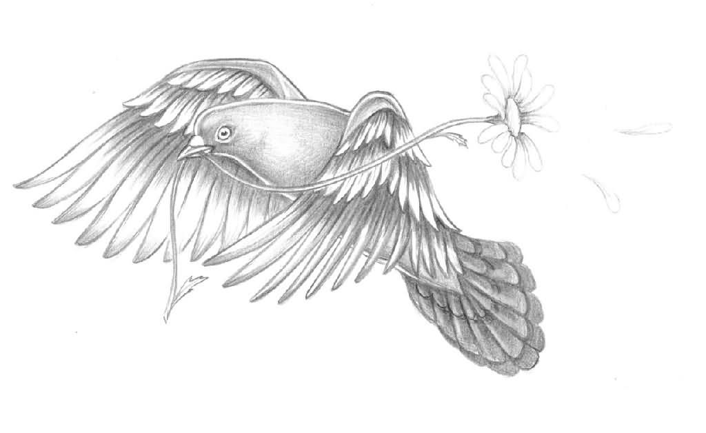 Flower In Flying Pigeon Beak Tattoo Design