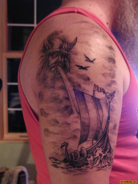 Flying Birds And Grey Ink Viking Ship Tattoo On Half Sleeve