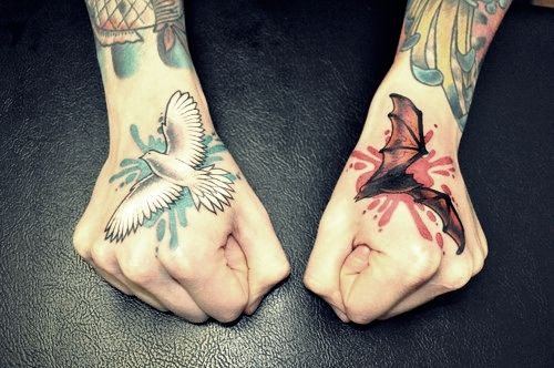 Flying Pigeon And Bat Tattoo On Both Hand